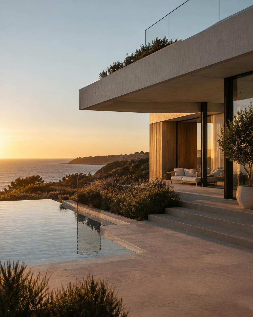 Modern luxury coastal property at golden hour